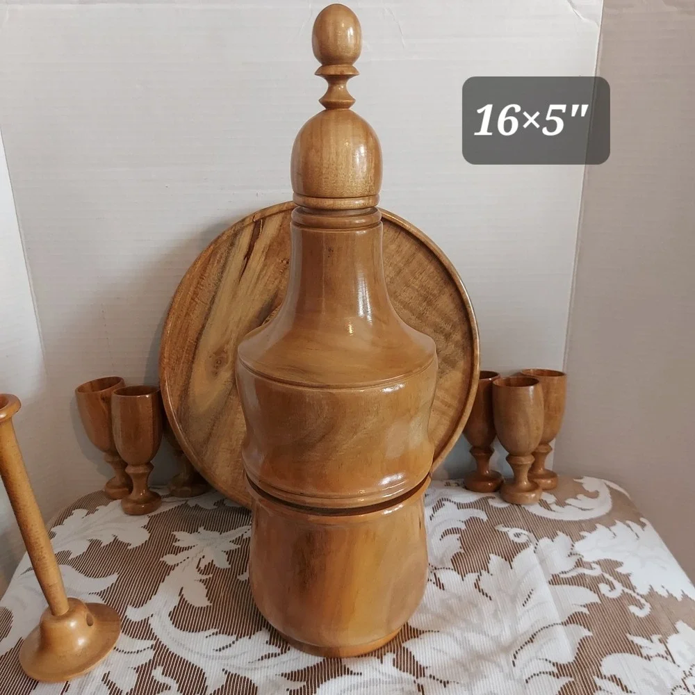 Vintage Hand Turned Wood Decanter Set 6 Goblets Tray Mid Century Modern Barware